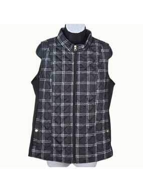Kim Rogers Black and White Windowpane Side Rib Quilted Zip Front Vest S NWT